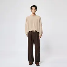 ビンテージ風ダークブラウンカラーのフィットパンツ【秋冬用・シングルプリーツ・ワイドストレート】