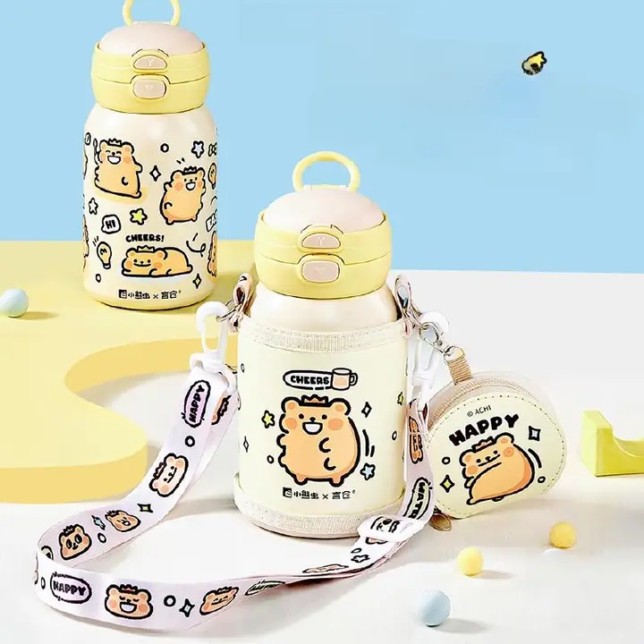 可愛いクマデザインの保温カップ【学生向け・ストロー付き・直飲み・子供用】（セットアップ対応）