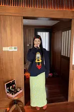 花柄Aラインスカート【高腰・緑色・秋冬用】（セットアップ対応）