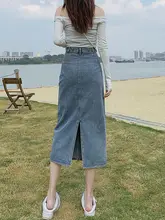 スリット入りデニムスカート【ハイウエスト・Aライン・春秋用・ミディ丈】