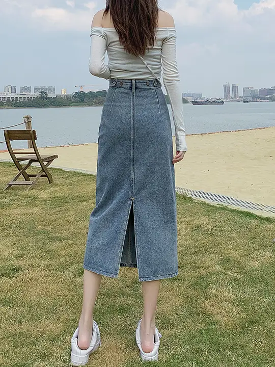 スリット入りデニムスカート【ハイウエスト・Aライン・春秋用・ミディ丈】