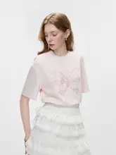 レース付きバタフライデザインの半袖Tシャツ【ピンク・コットン・ラウンドネック】