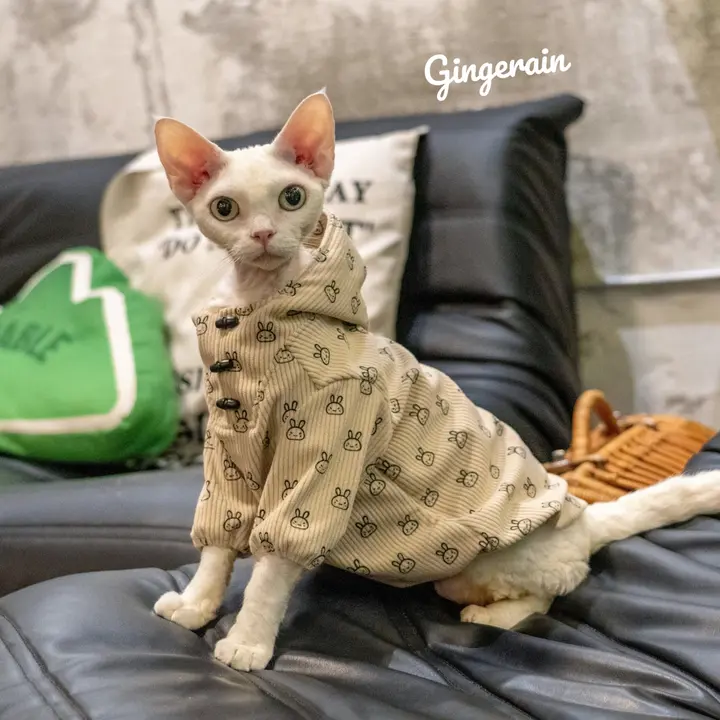 GINGERAIN オーバーサイズ猫デザインフード付きコーデュロイパーカー【ユニセックス・ビンテージ風】