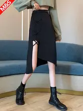 個性的なハイウエストAラインスカート【ブラック・秋用・スリット入り】