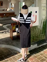 ストライプ切替のニットTシャツワンピース【夏用・カジュアル・体型カバー】