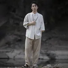 夏用リネン半袖中山シャツ【カジュアル・男士・薄手】
