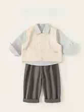 春季カジュアル男の子用ベスト付きトラ柄シャツとパンツのコーディネート（セットアップ対応）