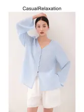 したデザインの開襟シャツ【海藍色・薄手・ゆったりシルエット】