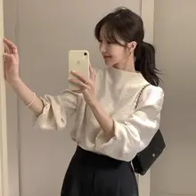春用シンプルデザインの立ち襟ルーズフィットシャツ【バックファスナー・バルーンスリーブ】