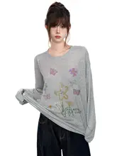 白色印花の薄手透け防晒カーディガン【夏用・ゆったりとしたデザイン・長袖・軽やかなシフォン】