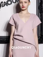 QIAOUNCHY フィッシュテールニットマキシスカート【ピンク・VネックTシャツ付き・春夏用】