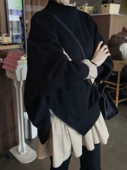 バルーンスリーブデザインのコットンワンピース【秋冬用・ルーズフィット・レイヤードスタイル】（セットアップ対応）