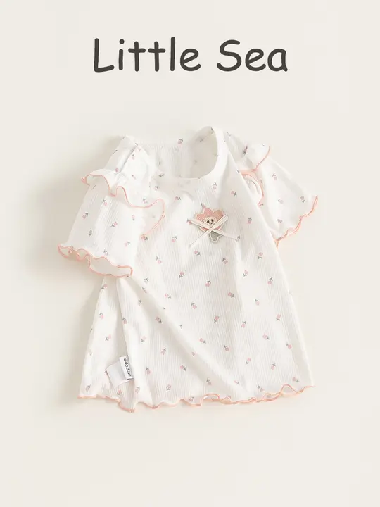 夏用可愛いフリル付き子供用半袖Tシャツ【女の子・花柄・カジュアル】