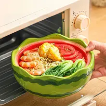 スイカデザインの陶器製丼ぶり【蓋付き・高級感のある食器】