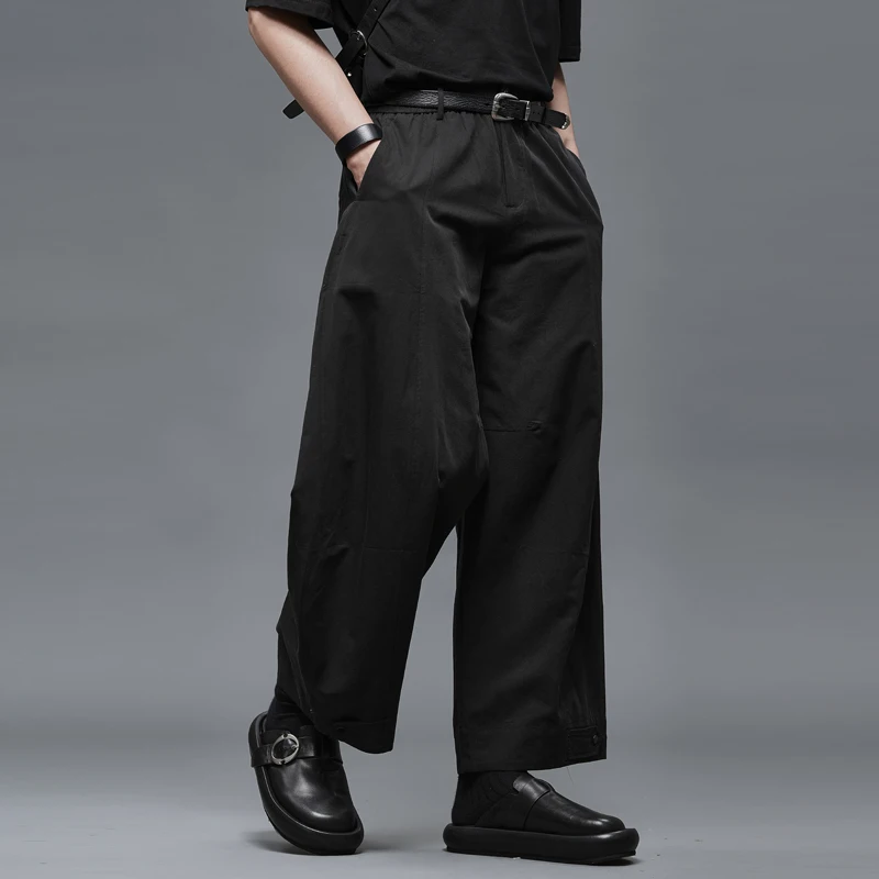 メンズワイドパンツの着こなしを実現する：ルーズフィットラムシェイプカシミア感のフレンチスタイル九分丈パンツ
