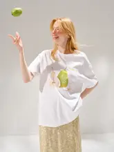 梨形シルエットの純綿肌触りの良い通気性Tシャツ【爽やかプリント・短袖】