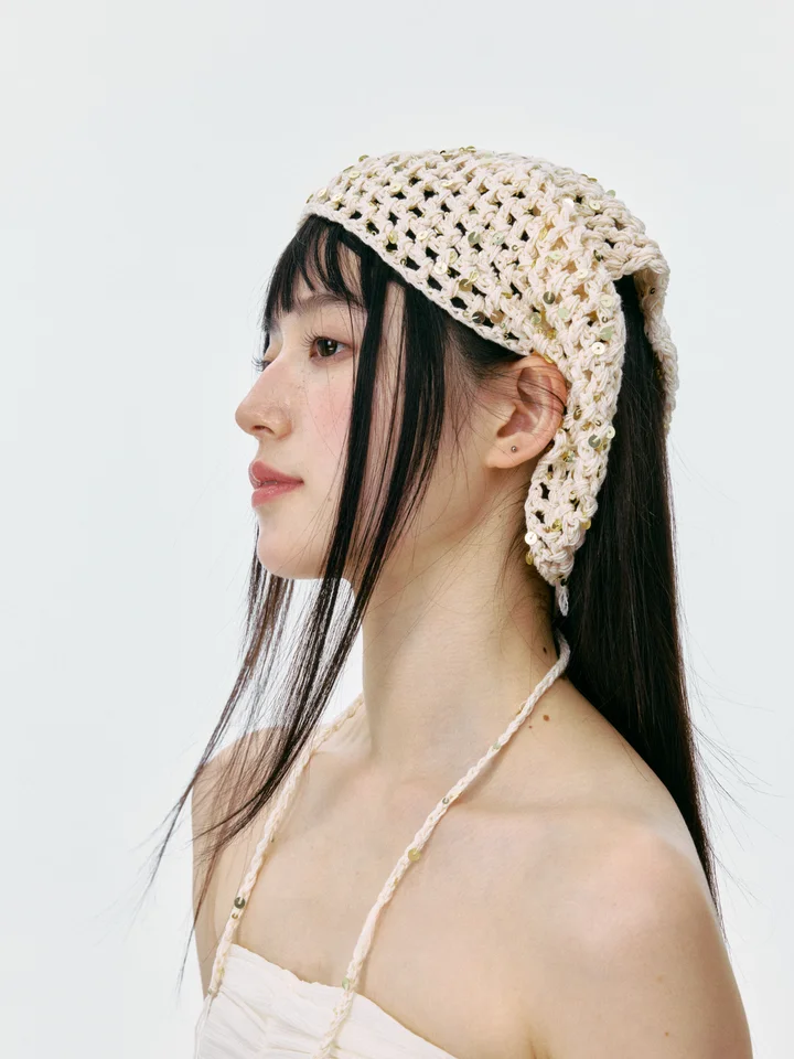 三角バンダナ ヘッドスカーフ レディース スパンコール 透かし編み ニット 韓流 インスタ映え おしゃれ トレンド ヘアアクセサリー アウトドア お出かけ 春夏