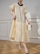 Plum Jan ドット柄パフスリーブワンピース【夏用・杏色・フレンチスタイル】