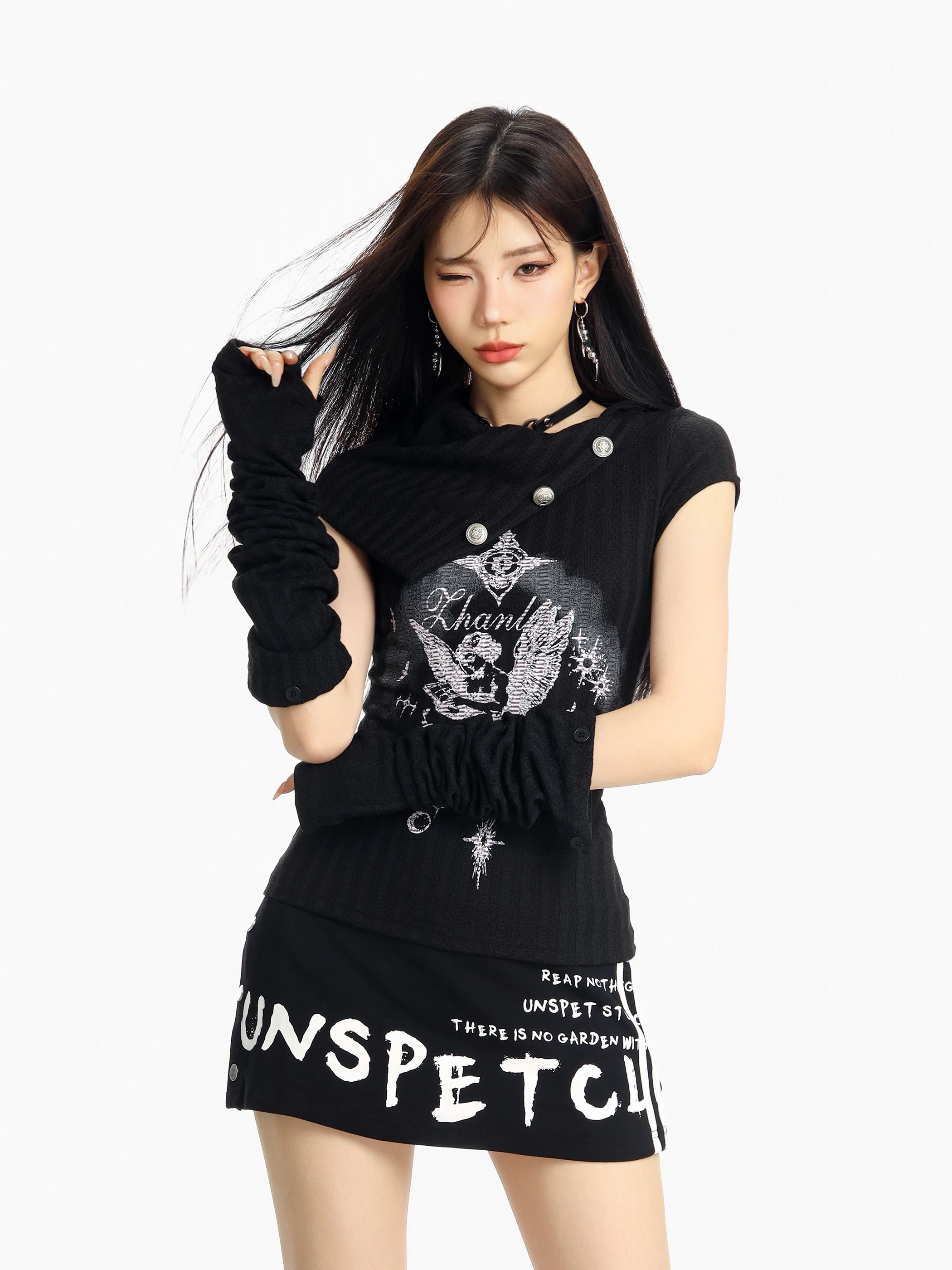 斜め肩デザイン ニットTシャツ【脱着可能な袖付き・細見え・女性用】