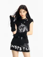 斜め肩デザイン ニットTシャツ【脱着可能な袖付き・細見え・女性用】