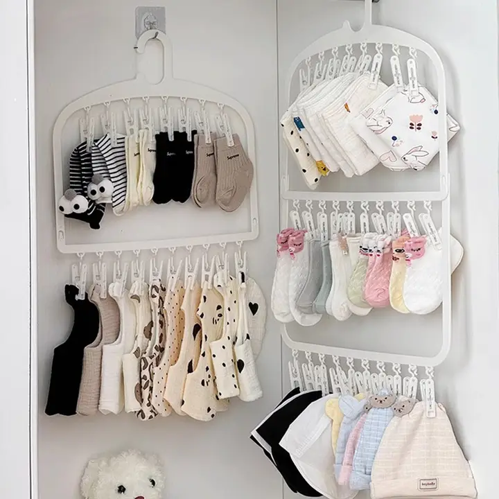 多機能クリップ付きベビー衣類ハンガー【収納便利・洗濯用・家庭用】（セットアップ対応）