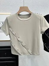 ショートスリーブ Tシャツ 女性 夏季 ファッション ビーズ 細見え ハイウエスト クロップド