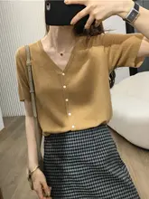 ショートスリーブカーディガン Tシャツ 女性 夏 ウール 細いテクスチャー Vネック 薄型
