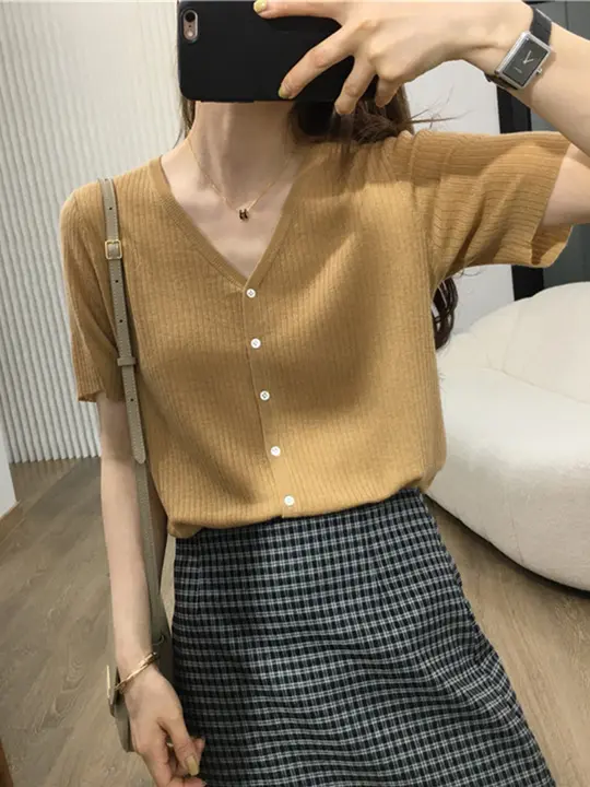 ショートスリーブカーディガン Tシャツ 女性 夏 ウール 細いテクスチャー Vネック 薄型