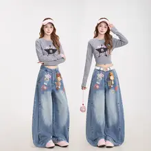 クマ柄プリントのワイドレッグデニムパンツ【ハイストリート・ヴィンテージウォッシュ・フィット・テーパー】（セットアップ対応）