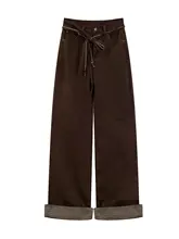 レトロなコーヒー色のハイウエストストレートワイドパンツ【秋用・ウエストベルト付き】（セットアップ対応）