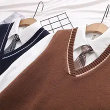 春用薄手Vネックニットベストとブラウスの重ね着スタイル【英国風・女性用】（セットアップ対応）