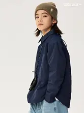 深い青のパッチワークキッズシャツジャケット【秋冬用・裏地が暖かい】