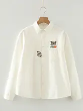 刺繍入り加绒白色シャツ【レディース・長袖・韓国風】