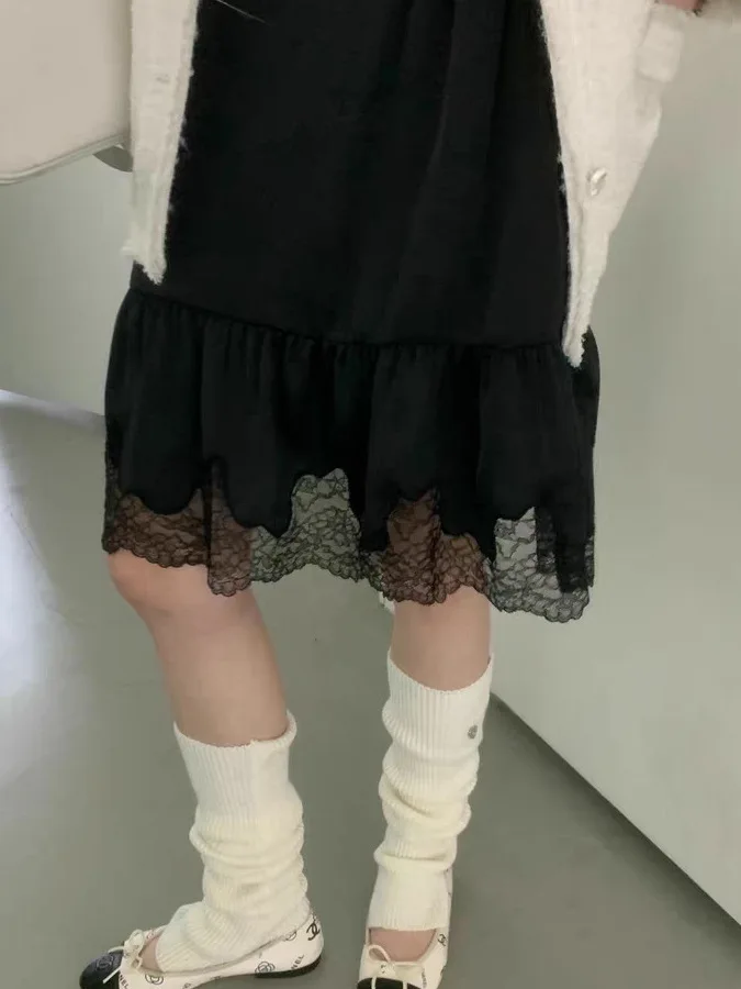 春の韓国風レースハイウエストフレアスカート：Aラインデザインとリボンが特徴