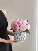 花瓶 陶器 造花 芍薬 水植え チャイナテイスト 染付 ヴィンテージ リビング テレビボード インテリア 置物
