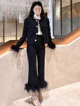 粗花柄スパンコール付きフラッフィーカーディガン【長袖・ボタンタイプ・ラウンドネック】とストレートパンツ（セットアップ対応）