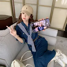 ストライプデザインのデニムシャツワンピース【収腰・女性用・春夏向け】