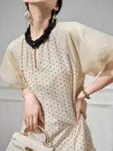 Plum Jan ドット柄パフスリーブワンピース【夏用・杏色・フレンチスタイル】