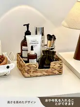 レトロスタイルの草編み化粧品収納ボックス【化粧卓上用・コスメ・ブラシ・香水・マスク収納】