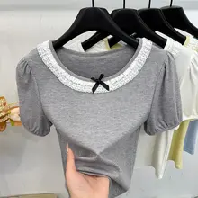 フランス風レトロリボン付きレースバブルスリーブTシャツ【半袖・ゆったりフィット・夏用】