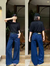 高腰ワイドレッグデニムパンツ【復古スタイル・純綿・サイドステッチ・スリム効果】