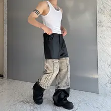 メンズ ヴィンテージ風 デニムレザーコンビ ワイドストレートパンツ【高級感・カーゴスタイル】