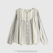 フレンチ風レトロストライプデザインのコットンリネン長袖ブラウス【ゆったりとしたシルエット】