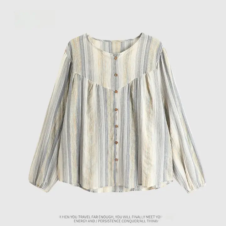 フレンチ風レトロストライプデザインのコットンリネン長袖ブラウス【ゆったりとしたシルエット】