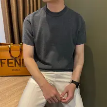 夏用クルーネック通気性の良いメンズニットTシャツ【シンプル・軽やかなデザイン・通勤向け】