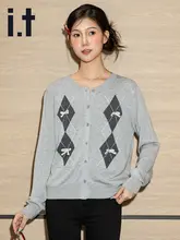 リボン付きダイヤモンド柄ニットカーディガン【ゆったりとした秋用・女性用】（セットアップ対応）