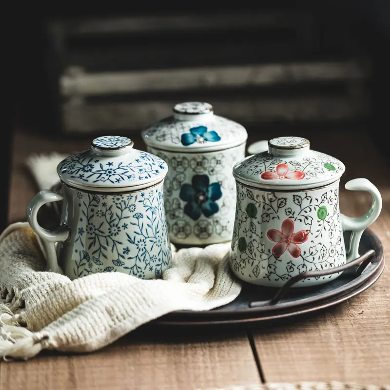 青花柄陶器製茶杯：蓋付き設計で茶水分離と復古風の釉下彩を実現