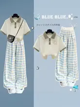 学院風 夏用 レディース 半袖ポロシャツ【チェック柄・ルーズフィット】とワイドパンツ（ セットアップ対応）
