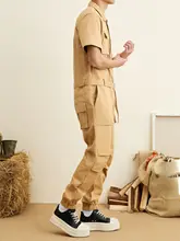 レトロデザインの工装風半袖オールインワン【メンズ・フィット・ジョガーパンツスタイル】（セットアップ対応）