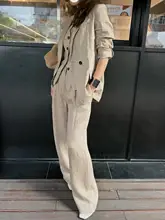 ラウンジスタイルのカーキ色リネンスーツ【ダブルブレストジャケット・ベスト・ワイドパンツ・セットアップ対応】